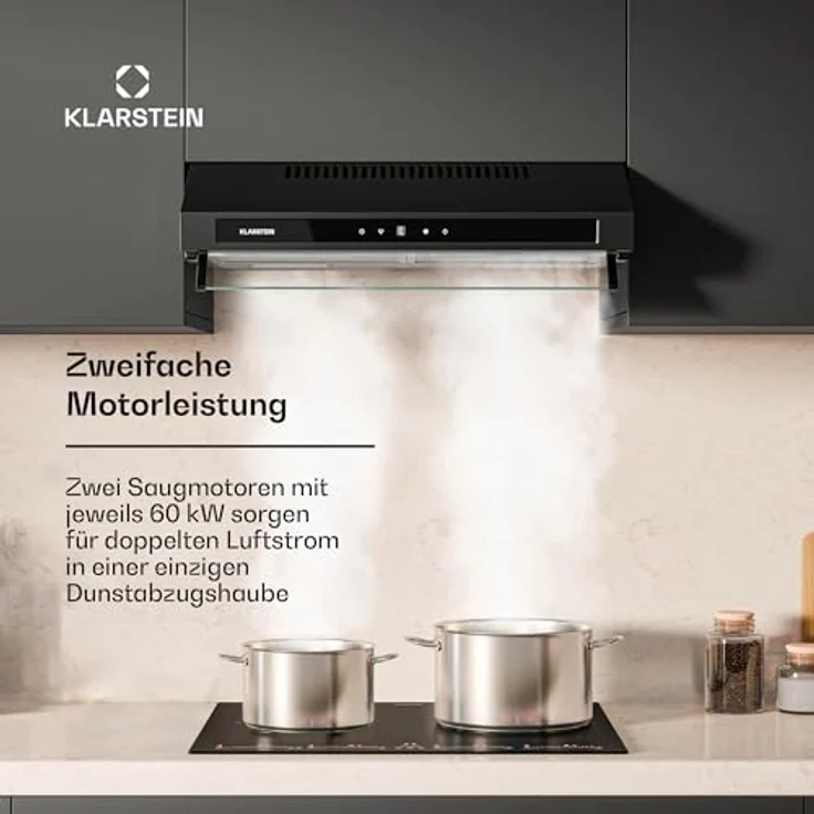 Klarstein Purista Force Unterbaudunstabzugshaube, 60 cm, 400 m³/h Luftleistung, duale Motortechnologie, LED-Touchpanel, Energieeffizienzklasse C, Schwarz – Bild 3