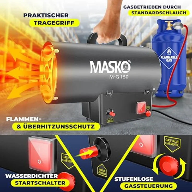 MASKO Gasheizgebläse Heizkanone, 15 KW, inkl. Gasschlauch & Druckminderer, robustes Nirosta-Gehäuse, Heizleistung für 100-300 m² – Bild 3