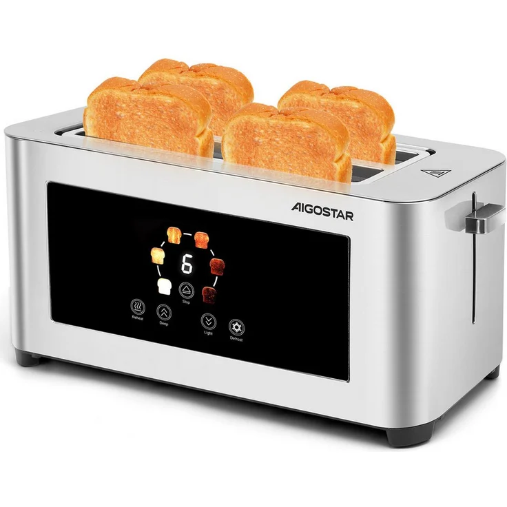 Aigostar Toaster 2/4 Scheiben, Edelstahl Matt, 6 Bräunungsstufen, LED-Touchscreen, Auftau-, Aufwärm- & Stoppfunktion, Brotzentrierung, 1400 W