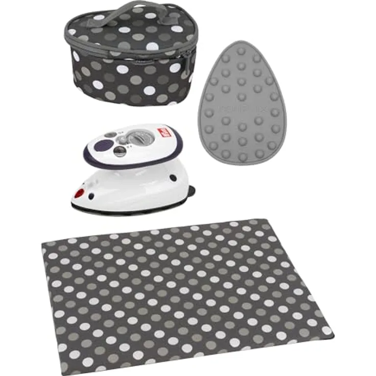 Semplix Bügelset 4-teilig mit Prym Mini-Dampfbügeleisen, inkl. Bügelunterlage, Silikonablage & Reisetasche, für Nähen, Quilten & Patchwork, grau