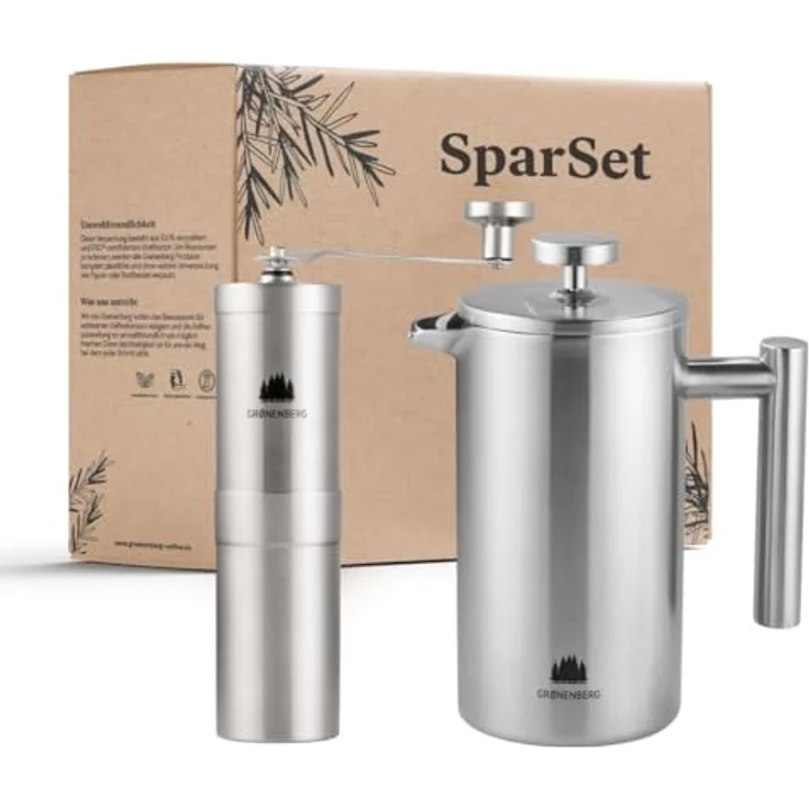 Groenenberg Spar Set 5 | French Press Thermo (3 Größen) + Edelstahl Kaffeemühle manuell | Handkaffeemühle | Kaffeepresse inkl. Ersatzfiltern (350 ml French Press) – Bild 1