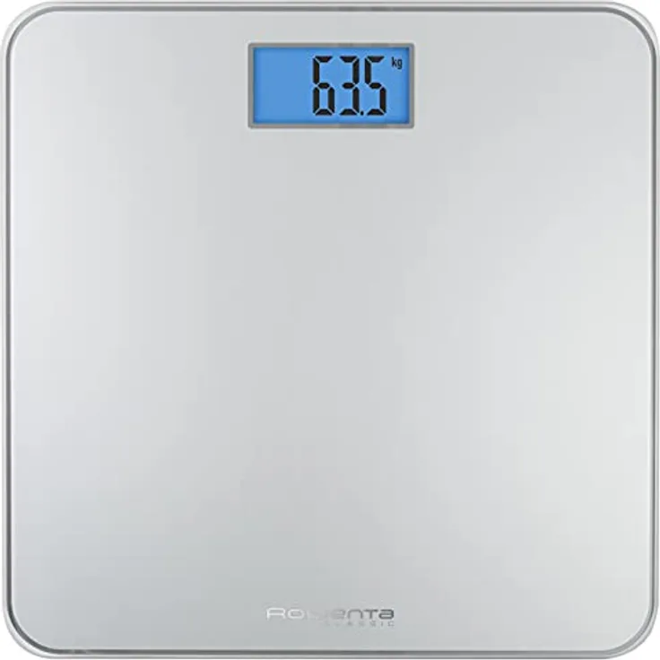 Rowenta Classic BS1500 Badezimmerwaage mit LCD-Display, kompakt, Tragkraft 160 kg, Glas-Plattform und automatische Abschaltung inklusive Batterien, silberfarben