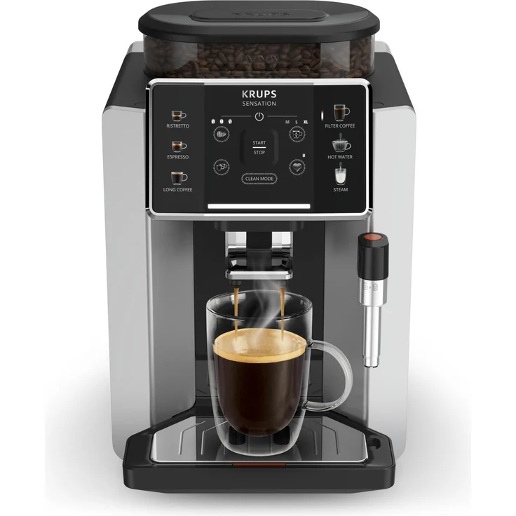 Krups EA910E Sensation, Kaffeevollautomat in Schwarz und Silber, 15 bar Pumpendruck, integriertes Mahlwerk, 1,7 Liter Wassertank