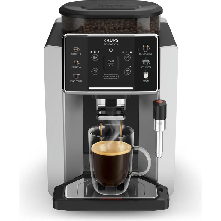 Krups EA910E Sensation, Kaffeevollautomat in Schwarz und Silber, 15 bar Pumpendruck, integriertes Mahlwerk, 1,7 Liter Wassertank