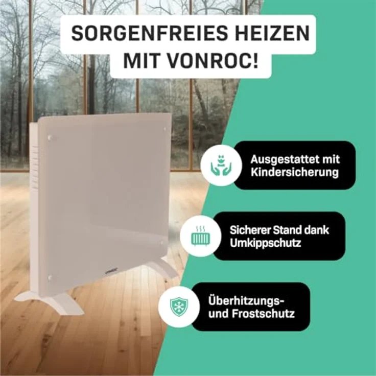 VONROC Glass convector heater 1000W, WiFi-fähig, beige mit LED-Anzeige für Räume bis 12 m² – Bild 6