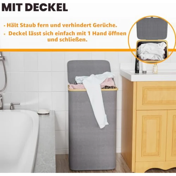 SpaceAid Wäschekorb mit Deckel 110L, Faltbar mit Bambusgriffen für Schlafzimmer, Badezimmer und Schlafsaal - Grau – Bild 3