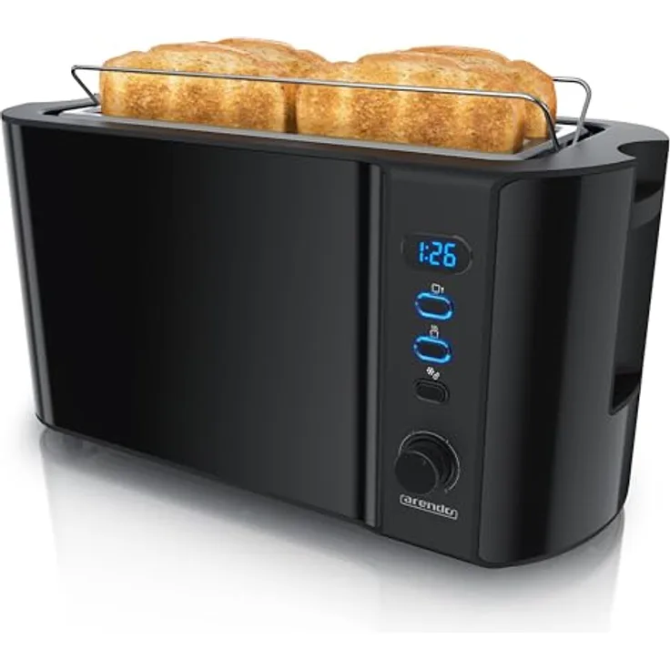 Arendo Frukost Edelstahl Toaster Langschlitz 4 Scheiben mit Defrost Funktion, wärmeisolierendem Gehäuse, integriertem Brötchenaufsatz, Krümelschublade und Display Restzeitanzeige in Klavierlack schwarz