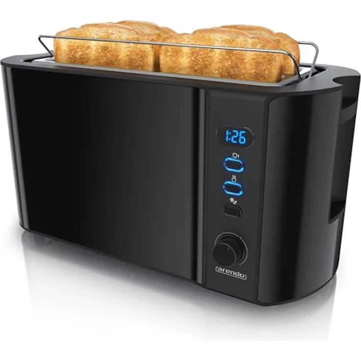 Arendo Frukost Edelstahl Toaster Langschlitz 4 Scheiben mit Defrost Funktion, wärmeisolierendem Gehäuse, integriertem Brötchenaufsatz, Krümelschublade und Display Restzeitanzeige in Klavierlack schwarz – Bild 1