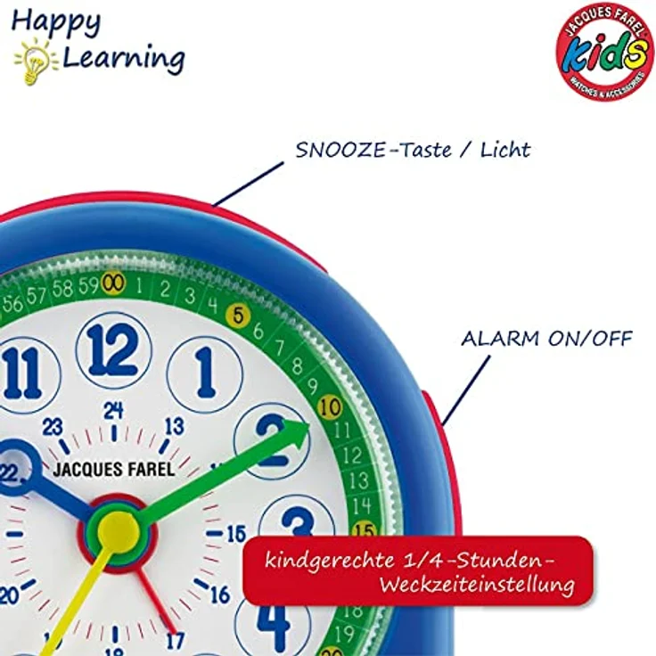 JACQUES FAREL Happy Learning Lernwecker Kinder-Wecker Blau Grün ohne Ticken, mit Licht, Snooze und analoger Quarzzeitstellung, 10 x 10 cm – Bild 3
