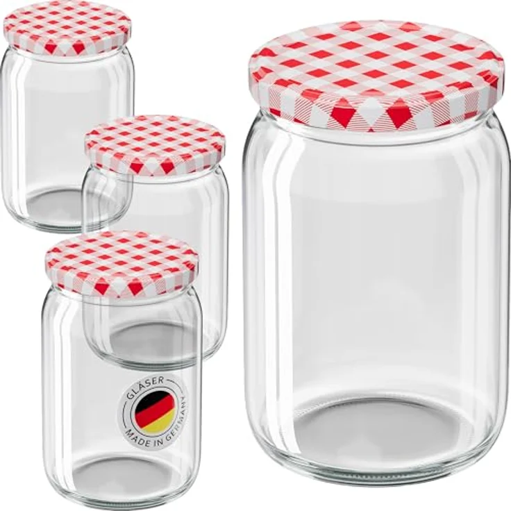WELLGRO 100x Einmachgläser 550ml mit rot kariertem Schraubdeckel TO82 – Hochwertige Vorrats-, Marmeladen- und Gärgläser – Made in Germany