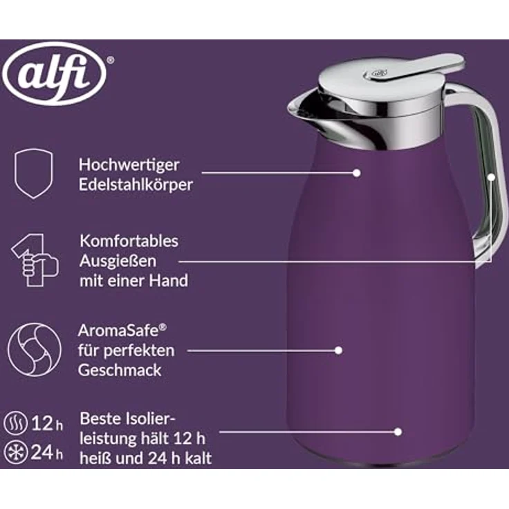 alfi SKYLINE 1,0l, deep lavender, Edelstahl-Isolierkanne mit hygienischem Hartglaseinsatz, Drehverschluss mit bequemer Drucktaste, ergonomischer Griff, BPA-frei – Bild 4