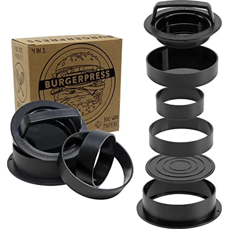 Burgerpresse mit 100 Blatt Burger Papier, 4 Patty Größen inkl. Gefüllte Patties und XXL, Burger Pattie Presse für beste Hamburger, Hamburger Patty Maker mit Rezepten