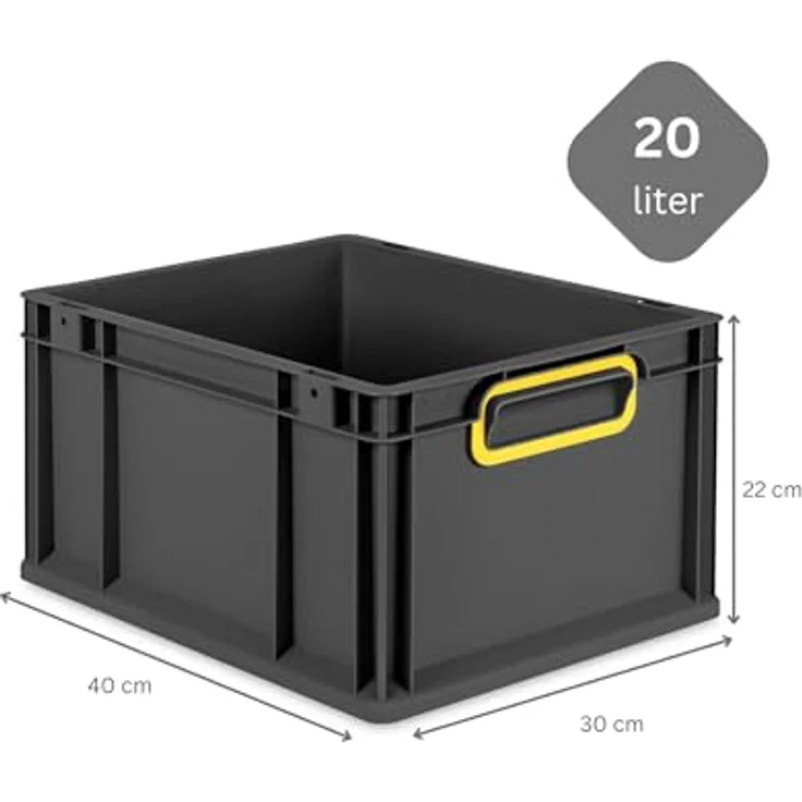 PROREGAL Eurobox NextGen Color SuperSparSet 8x, 20L, Schwarz mit gelben Griffen, inkl. Auflagedeckel & Schiebeschnappverschlüssen, HxBxT 22x30x40cm, Eurobehälter – Bild 3