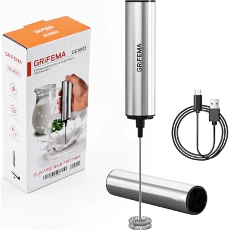 GRIFEMA Milchaufschäumer Elektrisch Aufladbar, Hand Milchmixer mit Edelstahlquirl, USB-C-Ladung, Ergonomischer Griff, Tragbar – Bild 1