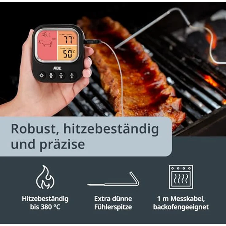 ADE Digitales Fleischthermometer mit 1 Sonde, Bratenthermometer bis 250 °C, ideal für Ofen, Grill und Airfryer, präzise Kerntemperaturmessung für 8 Fleischsorten, Timerfunktion, magnetische Befestigung – Bild 5