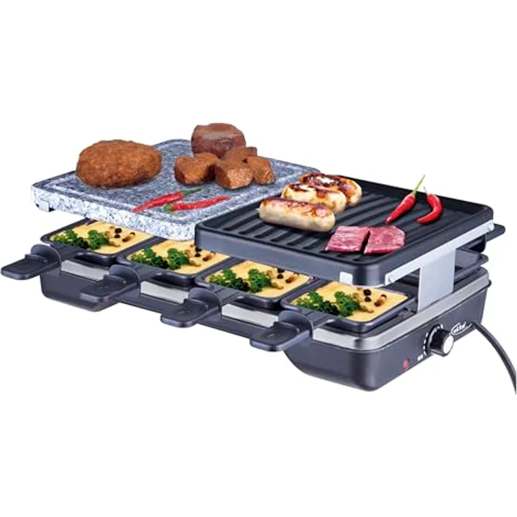 Elta Raclette Duo, Raclette-Grill mit 8 Pfännchen, 1200 W, regelbarem Thermostat, Naturstein- und Grillplatte, antihaftbeschichtet – Bild 4
