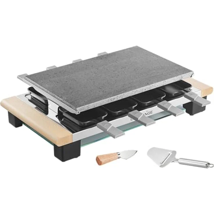 LAGRANGE Raclette Pierre Elégance für 8 Personen, Multifunktional mit Edelstahlplatte und Holzgriffen, inklusive Pfännchenablage aus Glas – Bild 1
