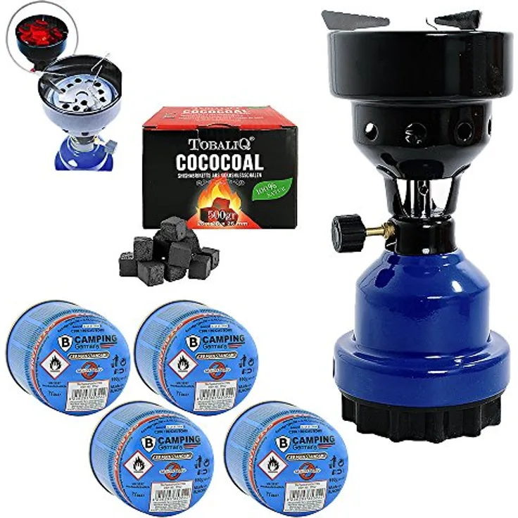 Mianova Campingkocher Camping Kocher Shisha Kohleanzünder Notfallkocher Grill Anzünder Gaskocher Gaskartuschen mit 4 Kartuschen Gasflaschen Kohle Blau