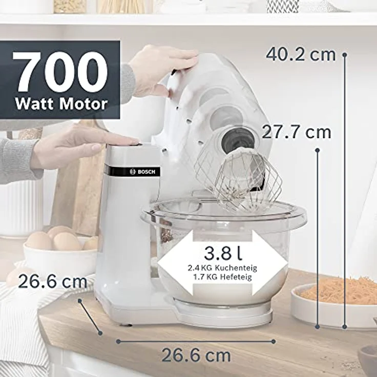 Bosch Hausgeräte Küchenmaschine MUM Serie 2 MUMS2TW00, Tritan-Schüssel 3,8 L, Planetenrührwerk, Knethaken, Schlagbesen, Rührbesen Edelstahl, Multifunktions-Küchenmaschine, Rühr-Maschine, 700 W, weiß – Bild 2