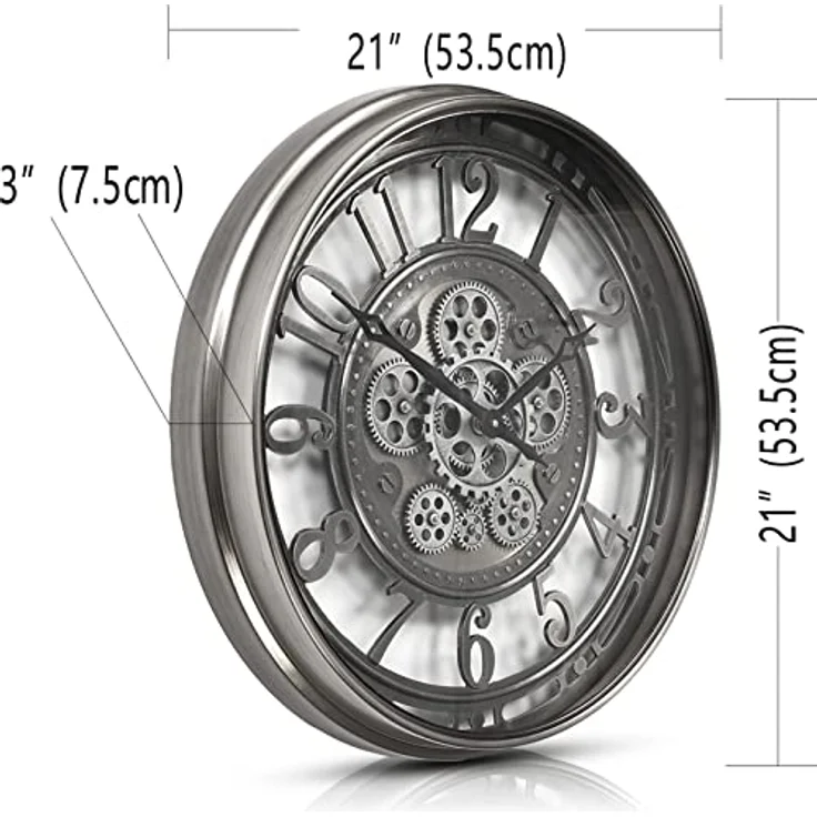 Samilito Wanduhr mit echtem Bewegungsgetriebe Zahnrädern römische oder arabische Ziffern (Arabische Zahlen, Silber) – Bild 3