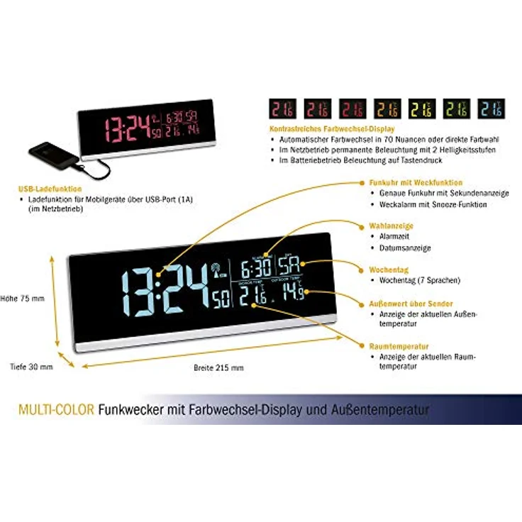 TFA Dostmann Multi-Color Digitaler Funk-Wecker mit Farbwechsel (70 Nuancen), 60.2548, Ladefunktion für Smartphones (USB), Außentemperatur, Kunststoff, schwarz – Bild 5