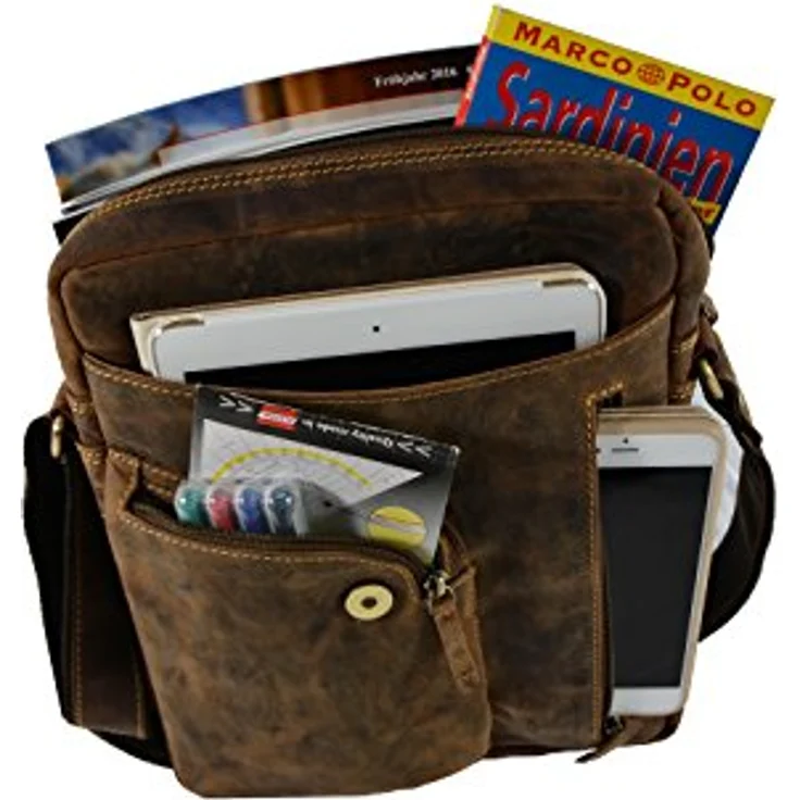 Greenburry Vintage Revolver Bag, braune Umhängetasche aus nachhaltiger Produktion mit großem Hauptfach und drei Frontfächern – Bild 3