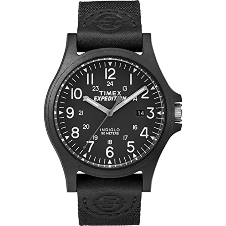 Timex Herren Expedition TW4B08100, Analoguhr mit schwarzem Harzgehäuse, wasserdicht bis 5 Meter, Mischgewebe- und Lederarmband
