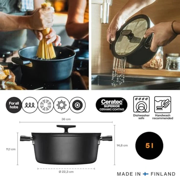 Fiskars Kasserolle Hard Face mit Deckel, 26 cm Durchmesser, 5 Liter, kratzfeste Antihaftbeschichtung, für alle Kochfelder geeignet, schwarz – Bild 2