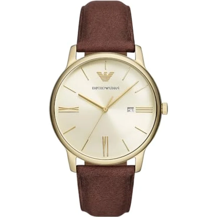 Emporio Armani AR11610, Herrenuhr aus Edelstahl mit goldenem Gehäuse, braunem Lederarmband und cremefarbenem Ziffernblatt, Quarzwerk, 42 mm Durchmesser – Bild 1