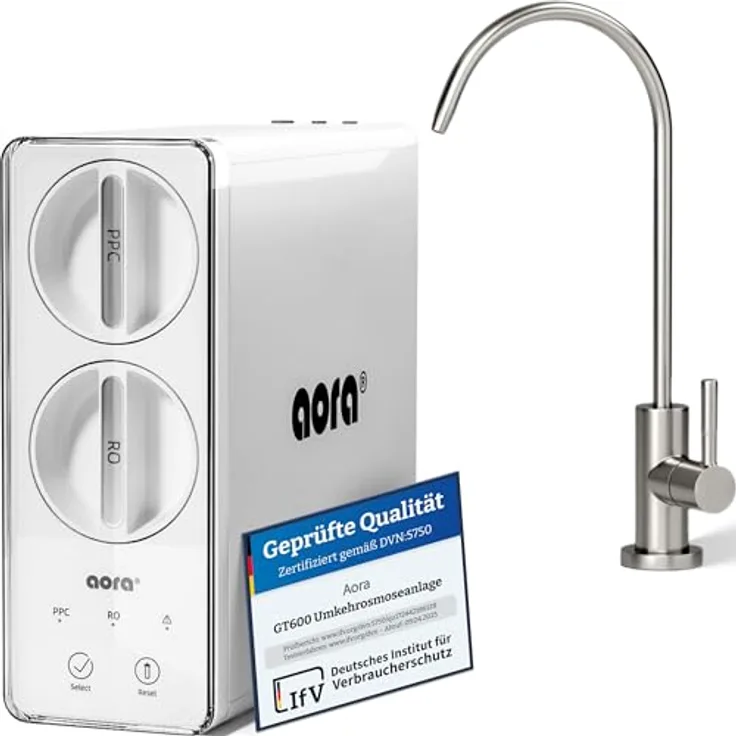 Neues Wasser AORA GT600 Umkehrosmoseanlage, 8-Stufen-Filtration, tanklos, Edelstahl SOFIA 1-Wege-Armatur, 1,57 l/min Durchfluss