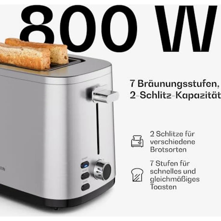Klarstein VeroSteel 2-Scheiben-Toaster, 800 W mit 7 Bräunungsstufen, Edelstahlgehäuse und Brötchenaufsatz – Bild 4