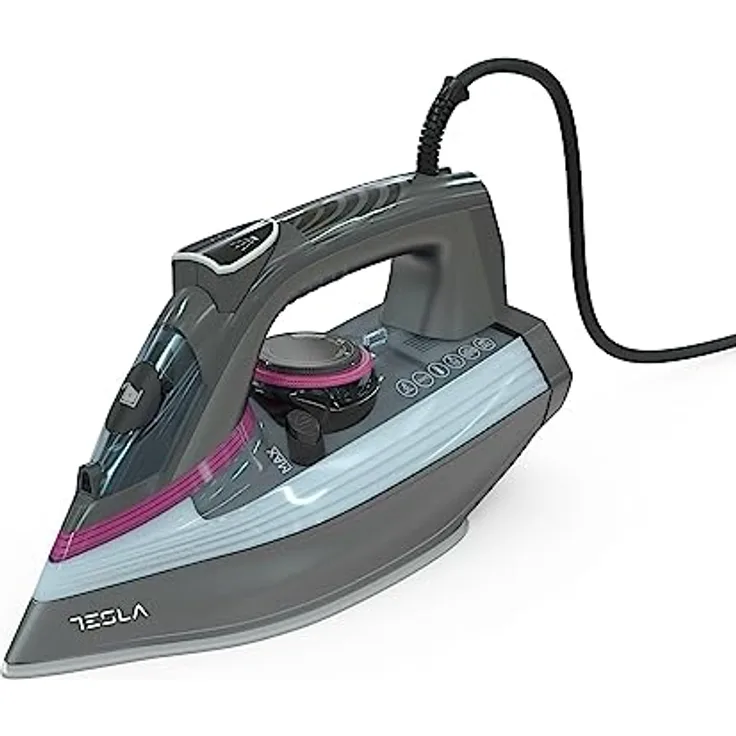 Tesla IR400GP, Bügeleisen in Grau und Violett mit automatischer Abschaltung, Dampfausstoss bis 135 g/min, keramischer Antihaft-Sohle und Anti-Kalk-Funktion