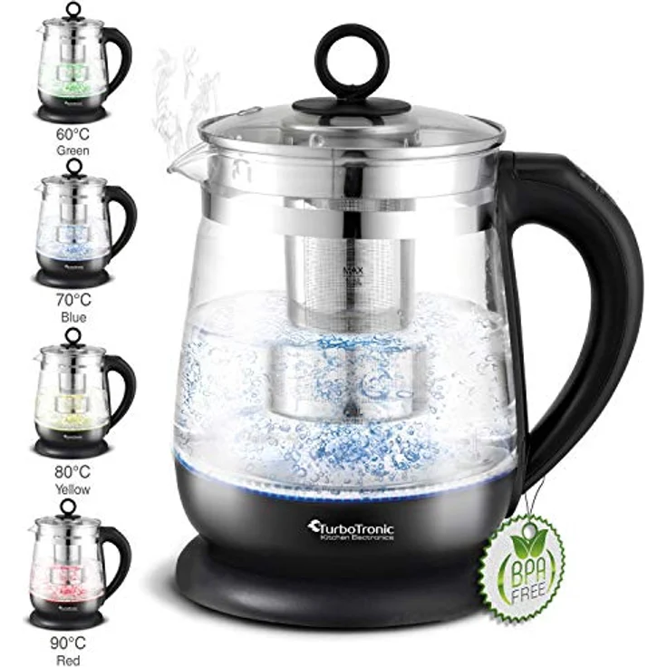 TurboTronic Glas-Wasserkocher TT-LED11, 2200 W, 1,5 l, hitzebeständiges Borosilikatglas, Temperaturwahl 60-100 °C, herausnehmbares Teesieb, 100 % plastikfrei – Bild 2