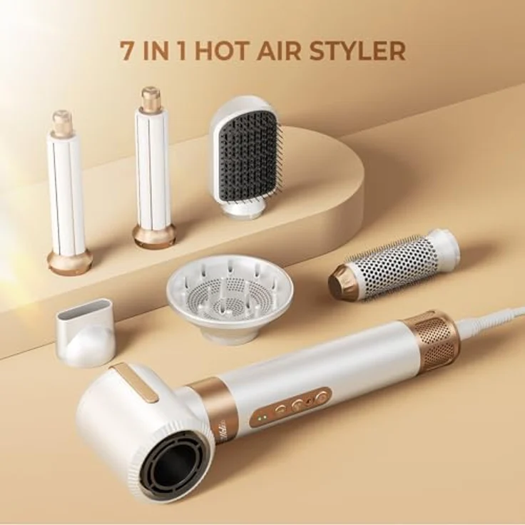 UKLISS Air Styler 7 In 1, Hochtouriger Motor (110.000 U/Min), Warmluftbürste Set mit 7 Aufsätzen für Trocknen, Glätten, Locken, Volumengeben, Ionen Pflege, Weiß – Bild 2