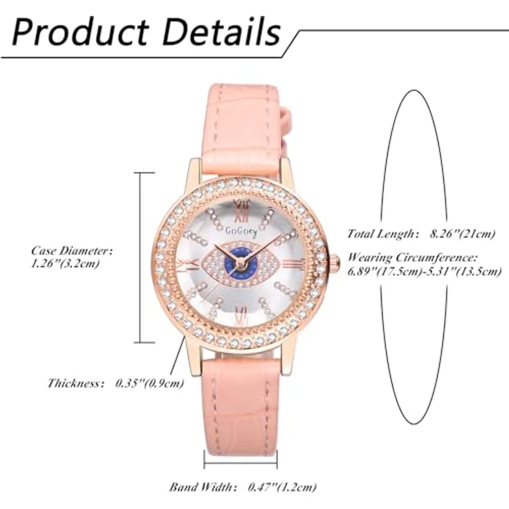 JewelryWe Analog Quarz Armbanduhr Damen, Rosa Leder mit Strass und Bösem Blick, römische Ziffern, Glitzer Design – Bild 4