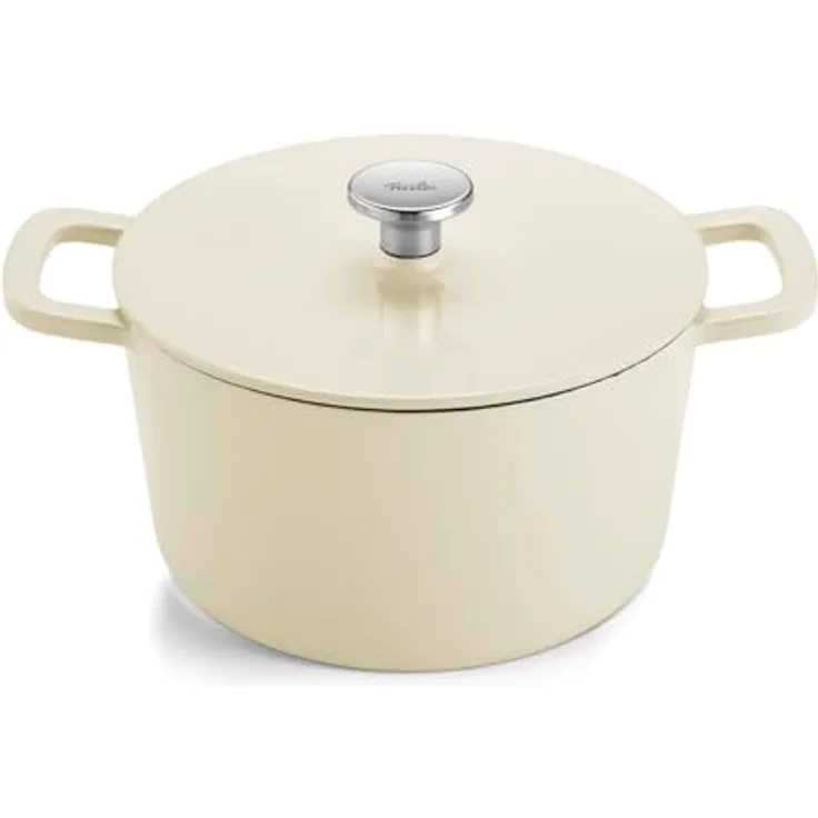 Fissler Moments Collection Gusseisen-Bräter rund (Ø 24 cm), emaillierter Cast-Iron Topf mit AromaStar-Funktion, für Induktion, elfenbeinweiß