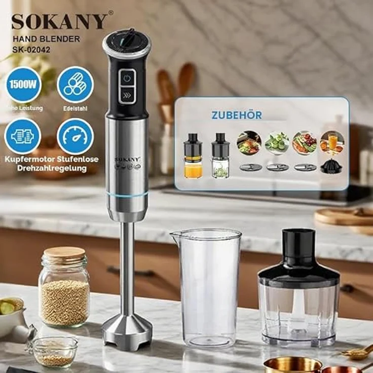 SOKANY Stabmixer Set 1500 W, Pürierstab mit stufenloser Geschwindigkeit, inkl. 8-teiliges Zubehör Set aus Edelstahl – Bild 2