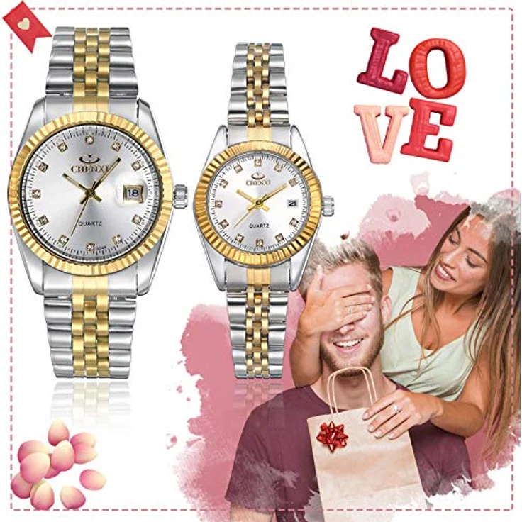 JewelryWe 2pcs Paar Uhr Analog Quarz mit Kalender, 30M Wasserdicht, Edelstahl Armband, Herren Damen Uhr mit Silber Strass Zifferblatt – Bild 3