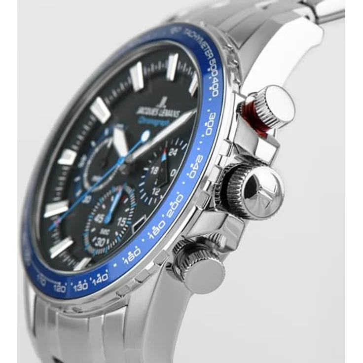 JACQUES LEMANS Herrenuhr Chronograph Liverpool Stahl/Blau mit schwarzem Zifferblatt und Mineralglas – Bild 4
