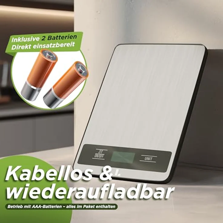 LUNARIA Digitale Küchenwaage 15 kg [PREMIUM], hochpräzise Lebensmittelwaage aus Edelstahl/Kunststoff, große Wiegefläche, LCD-Display, Mehrfacheinheiten (g/kg/oz/lb/ml), batteriebetrieben – Bild 5