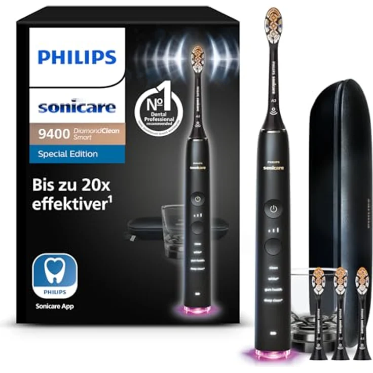 Philips Sonicare DiamondClean Smart 9400 elektrische Zahnbürste, Schallzahnbürste mit App, Drucksensor, Bürstenkopferkennung, 4 Putzmodi und 3 Intensitätsstufen, Schwarz – Bild 1