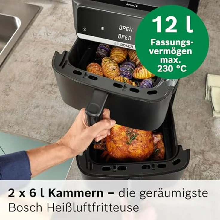 BOSCH Heißluftfritteuse Serie 6 MAFD661B0, XXL, 12L, PFAS-frei, Doppelkammer, 2800 W, platzsparend, einfache Reinigung, 6 Programme, schwarz – Bild 3