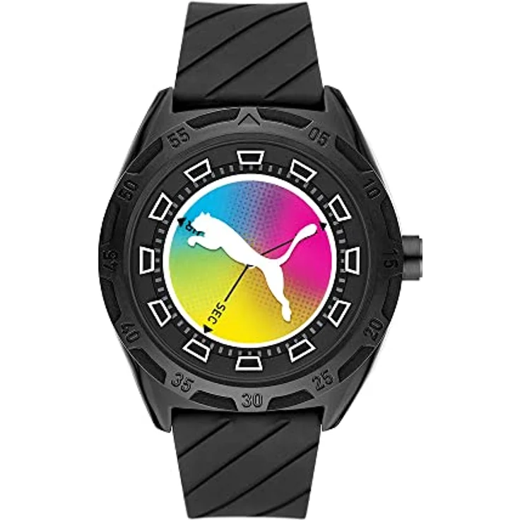 PUMA Herren Quarz 3 Zeiger Uhr mit Armband PUMA STREET P5093, 48-mm-Gehäuse, 24-mm Silikonband, mehrfarbiges Zifferblatt, wasserdicht bis 50 m, schwarz – Bild 1