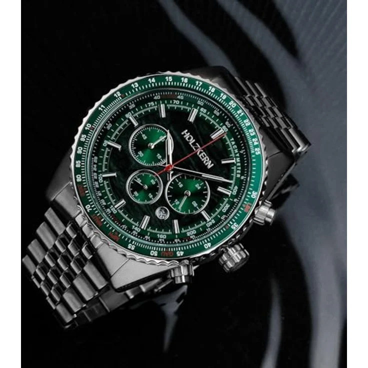 HOLZKERN Chronograph Herrenuhr Openhorizon, Marmor Grün/Silberfarben, Edelstahlband, Stoppuhr, Kalender, Japanisches Quarzwerk – Bild 3
