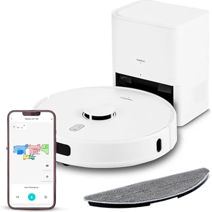 MEDION Saugroboter mit Absaugstation, Lasernavigation und Wischfunktion X41 SW+ (Starke 8000Pa Saugkraft, 2in1 Roboterstaubsauger, präzise Kartenerstellung, Go & No Go Bereiche, mehrere Etagen) in schwarz