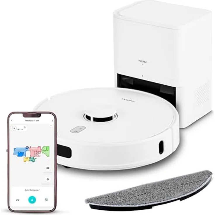 MEDION Saugroboter mit Absaugstation, Lasernavigation und Wischfunktion X41 SW+ (Starke 8000Pa Saugkraft, 2in1 Roboterstaubsauger, präzise Kartenerstellung, Go & No Go Bereiche, mehrere Etagen) in schwarz – Bild 1