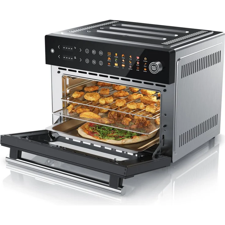 Arendo Minibackofen Airfryer 30L Edelstahl, Multifunktionsofen 1800W mit Heißluftfritteuse, Dörrfunktion, Zubehör und Drehspieß
