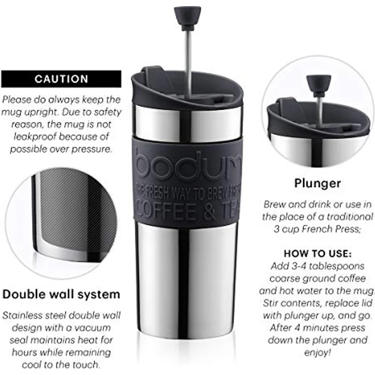 Bodum TRAVEL PRESS Kaffeebereiter (French Press System, Doppelwandig, 0,35 liters) cremefarben – Bild 4