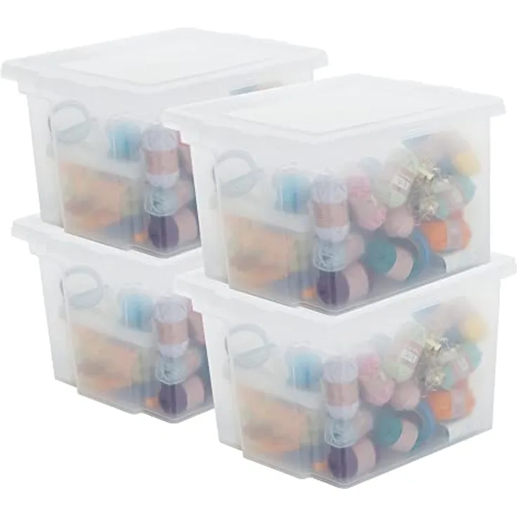 Iris Ohyama, Kunststoffboxen mit gewölbtem Deckel und Clip-Verschluss, 10L, 4er-Set, nestbar, stapelbar, BPA-frei, Schlafzimmer, Büro, Wohnzimmer, DDUSB-S, Klar