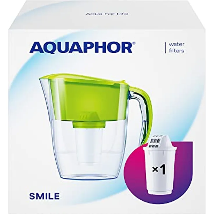 AQUAPHOR Wasserfilter Smile Hellgrün inkl. 1 A5 Filter mit Magnesium I Reduziert Kalk & Chlor I Karaffe für 2,9l I Kompakter & leichter WasserfiIter I Tischwasserfilter I Passt in die Kühlschranktür